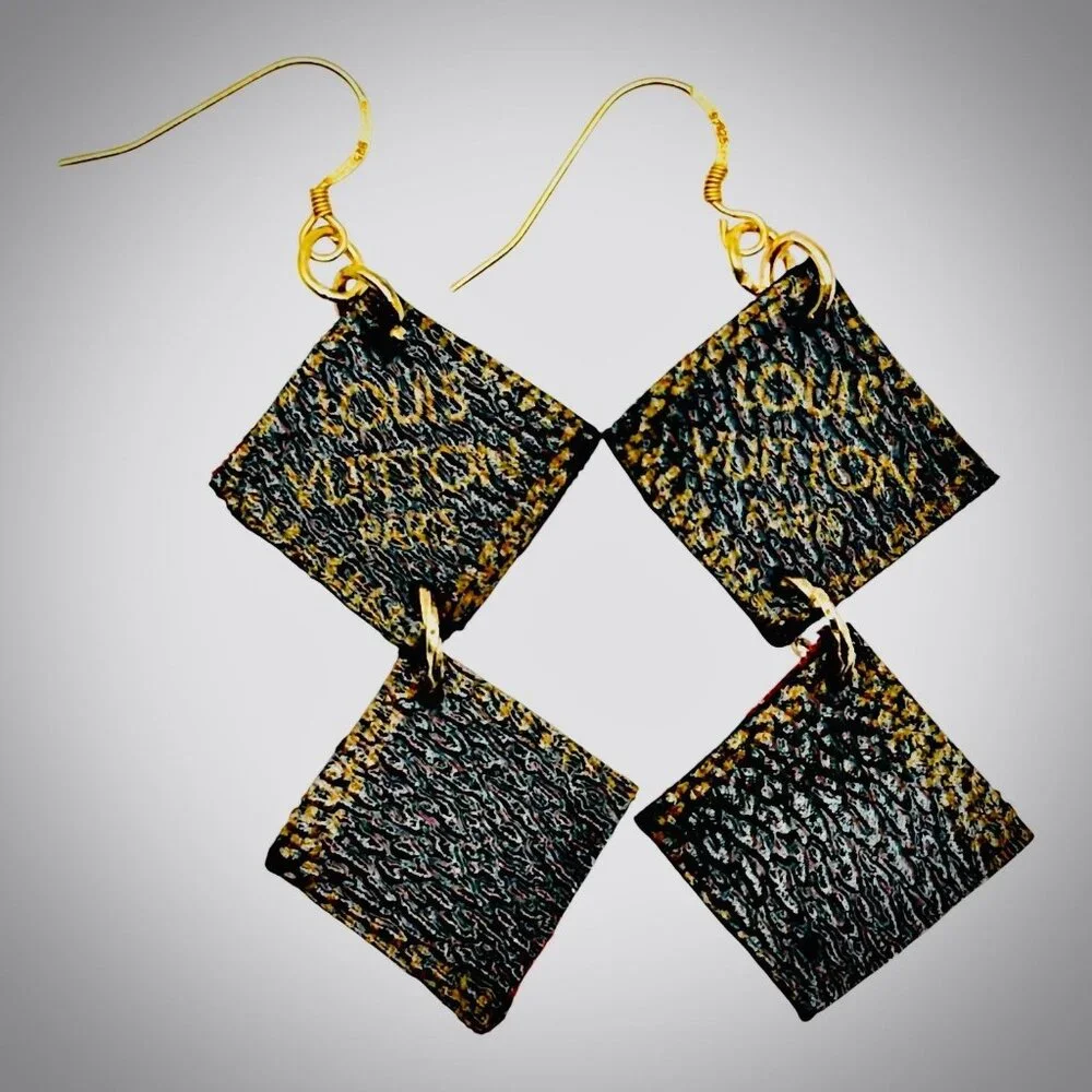 Upcycled Designer Canvas Earrings - 925 Silver Hooks | French Luxury Jewelry - Picture 1 of 11